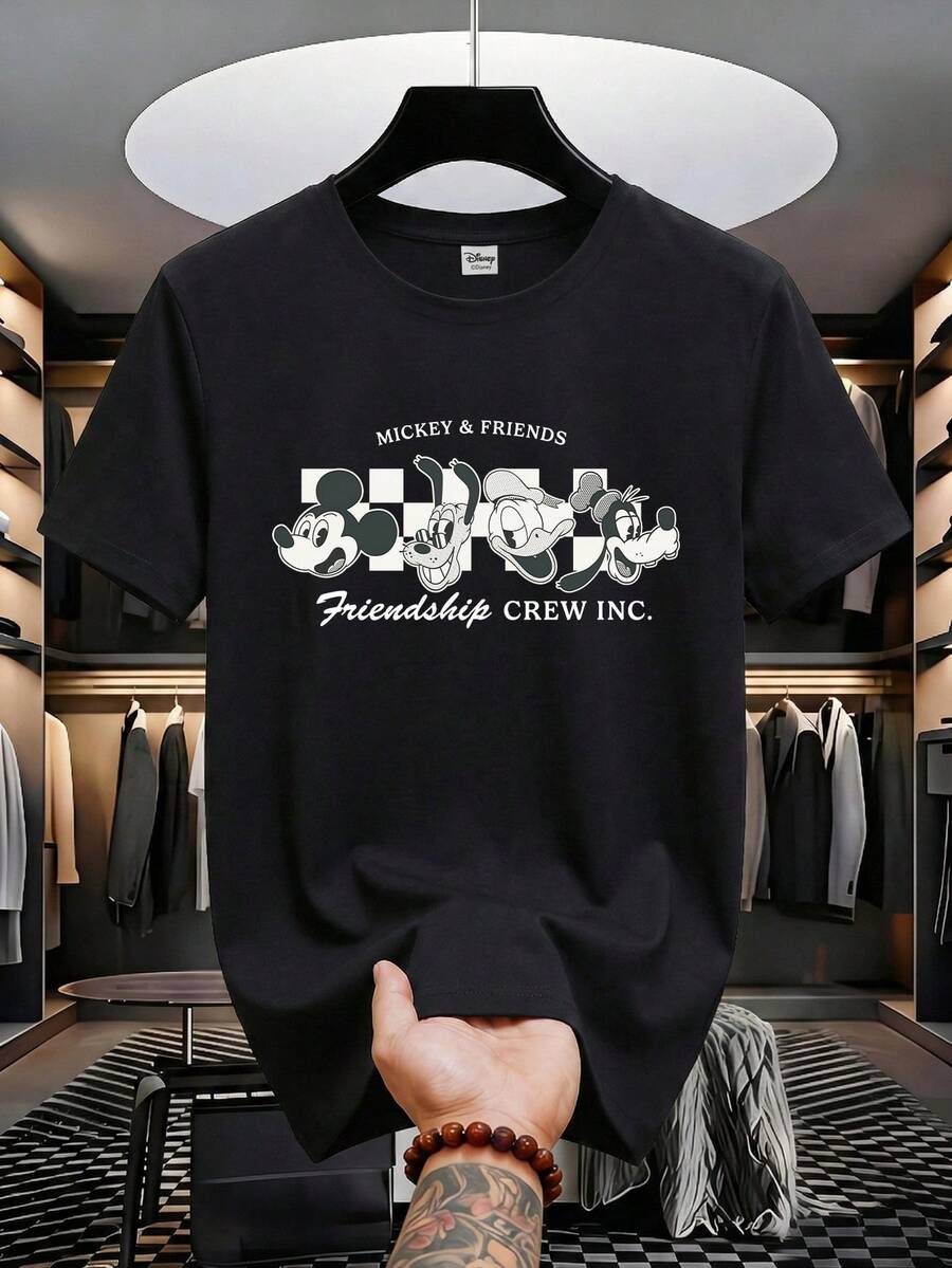 Disney Men's Casual Short Sleeve Round Neck T-Shirt With Mickey Mouse And Friends, And Letter Graphic, Suitable For Daily Wear In All Seasons. Men's Graphic T-Shirt, Men's Apparel. - Black - View 1