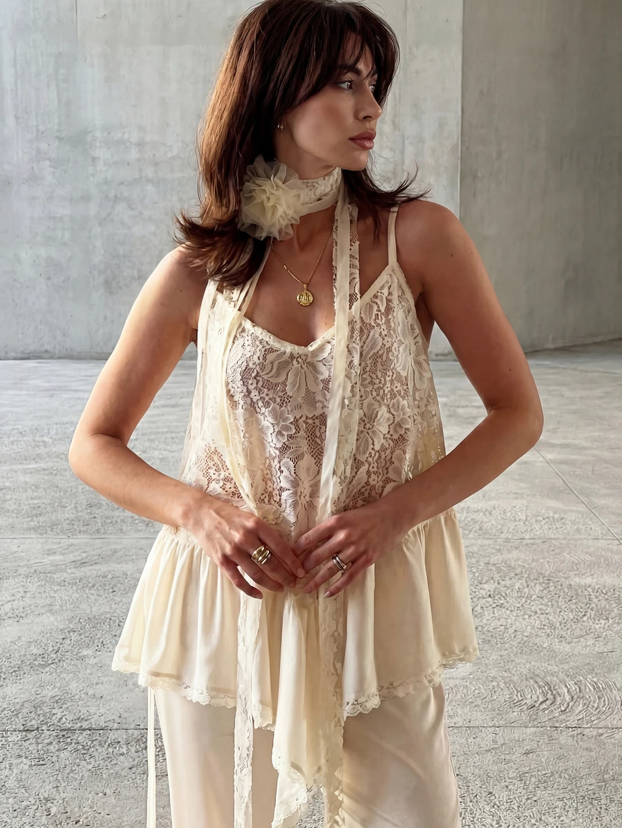 Solstice Apparel Beige Lace Patchwork Camisole, V-Neck Asymmetrical Hem Blouse, French Retro Style, Suitable For Daily Commute, Outing And Vacation, Multifunctional Shirt For Spring And Summer - Apricot - View 1