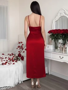 Đầm slip màu trơn cho nữ, cổ bèo nhún, xẻ cao bên hông, xếp ly, gợi cảm, thích hợp cho tiệc Valentine, cocktail, mùa hè thanh lịch. - Đỏ - Xem 2