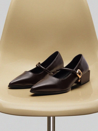 NobleVue 法式尖头玛丽珍棕色高跟鞋，2025春夏新款系带舒适休闲粗跟百搭时尚正装鞋