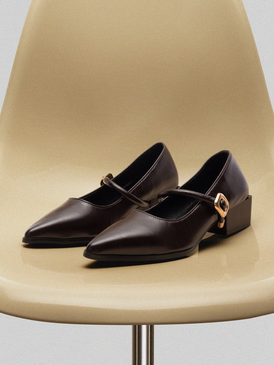 NobleVue 法式尖头玛丽珍棕色高跟鞋，2025春夏新款系带舒适休闲粗跟百搭时尚正装鞋 - 咖啡棕 - 查看 1