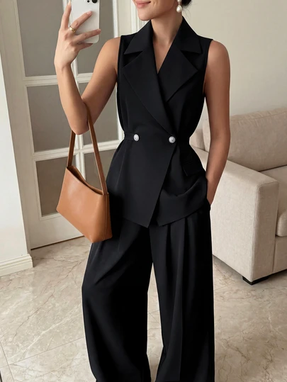 优雅纯色双排扣前襟纽扣拉链腰带收紧/褶裥黑色正式办公套装，领口荷叶边下摆，撞色金色纽扣腰带后背系带马甲，搭配超宽松褶裥阔腿裤，适合办公室、婚礼、派对、正式晚宴等场合，春夏秋冬皆宜。