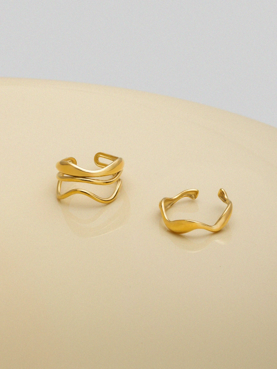 NobleVue 2入組不銹鋼空心設計開放式戒指，簡約時尚，男女通用日常佩戴 - 戒指 - 查看 1