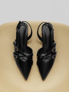 NobleVue 女士黑色漆皮尖头扣环粗跟浅口鞋，优雅正式高跟鞋，时尚露跟高跟鞋 - 黑色 - 查看 2