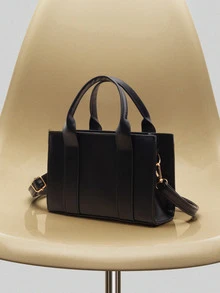 NobleVue Mini Square Bag Elegant Double Handle Zipper PU - Black - View 2