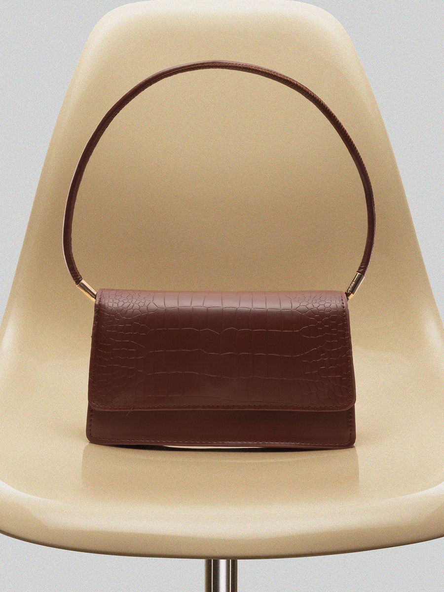 NobleVue 时尚鳄鱼纹压花翻盖单肩包 - 棕色 - 查看 1