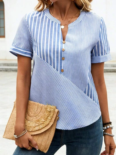 Casual Short Sleeve Shirt With Herringbone Patchwork Print And Buttons
