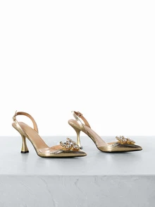 CHICVUE Pantofi cu toc înalt auriu, cu vârf ascuțit și decorațiuni cu strasuri în formă de inimă pentru femei, pantofi cu toc înalt și bareta la spate, tocuri înalte sexy din PVC transparent, elegante și confortabile pentru naveta, cumpărături, petrecere, nuntă, rochie de seară, ocazii formale, toamnă/iarnă - Aur - Vizualizare 3