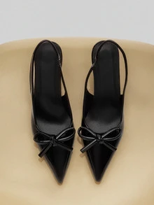 NobleVue Summer Solid Color Elegant Bowknot Pointed Toe High Heel Sandals, Sexy Party Dress Pumps, Leather Strap Outdoor Wedding Stilettos, Available In Wine Red, Black, White, Red - Black - View 2
