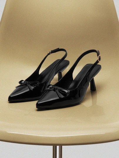 NobleVue Women's Fashion Sexy Pointed Toe Stiletto Heel Exposed Heel Pumps, Black Patent Leather Solid Color Buckle Bow Office Commute High Heels Suitable For Party, Gathering, Date, Evening, Commute