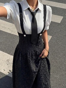 女士提花吊带休闲半身裙，适合度假/海滩、派对、约会、通勤等场合，春季黑色 - 黑色 - 查看 4