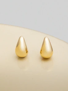 NobleVue 3pcs/Set Fashion Minimalist Metal Teardrop Geometric Smooth Surface Bracelet, Ring & Stud Earrings Jewelry Set - Glossy Water Drop 3-piece Set - View 4