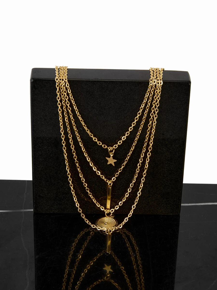 CHICVUE Star & Round Charm Layered Necklace - Yellow Gold - View 1