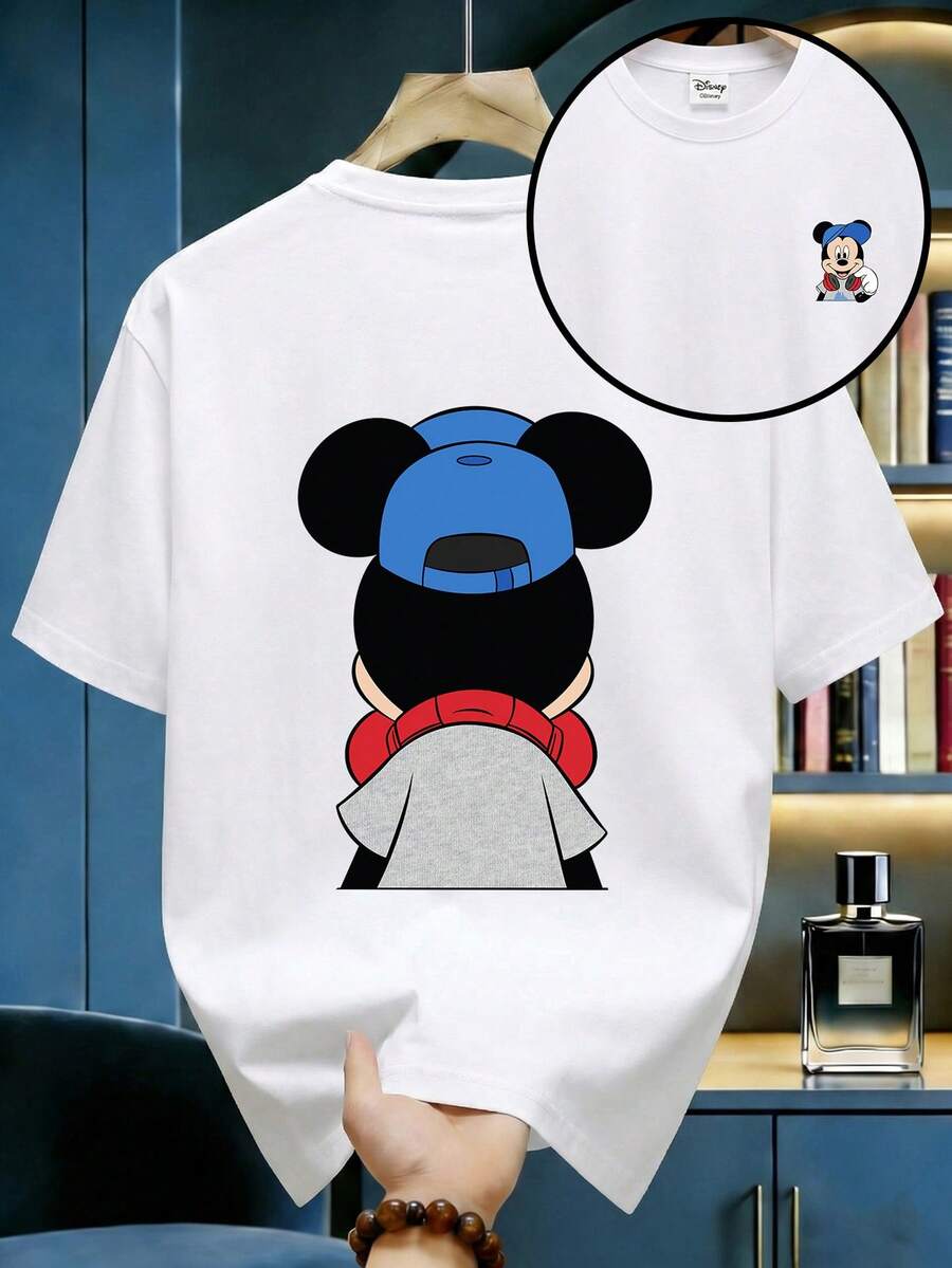 Disney 男士休闲短袖圆领T恤，印有米奇戴耳机图案，适合四季日常穿着。男士印花T恤，男装。 - 白色 - 查看 1