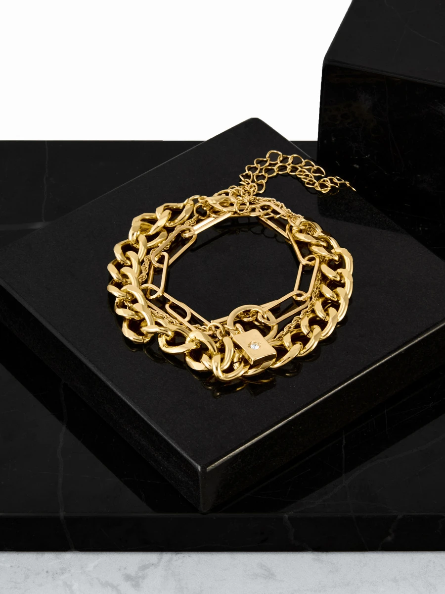 CHICVUE Set de 3 pulseras de cadena gruesa personalizada - Conjunto creativo de pulseras de cadena multicapa de color dorado, regalo de Navidad y invierno - Amarillo Oro - Ver 1