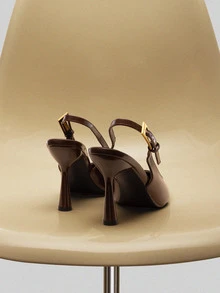 NobleVue 2025秋冬季女士高跟尖头时尚装饰漆皮后带高跟鞋，优雅尖头鞋跟 - 巧克力棕 - 查看 4