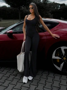 Bộ jumpsuit thể thao năng động, thoải mái, không tay, hở lưng, có bèo nhún, dáng ôm, thích hợp cho mùa xuân/hè, trang phục đi nghỉ mát cho nữ. - màu đen - Xem 2