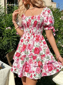 花卉叶子印花波西米亚风荷叶边泡泡袖度假休闲连衣裙，优雅时尚花卉方领荷叶边连衣裙，适合海滩、日常穿着、约会、通勤、度假等场合，粉色夏季 - 粉色 - 查看 3