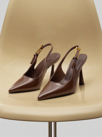 NobleVue 2025秋冬季女士高跟尖头时尚装饰漆皮后带高跟鞋，优雅尖头鞋跟