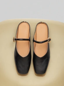 NobleVue 经典复古风格纽扣 PU 皮革平底鞋，适合海滩、婚礼、派对、办公室、家居服、春夏季 - 黑色 - 查看 2