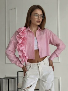 Solstice Apparel Ruffle Collar Button-Down Striped Pink Women Shirt, Elegant Casual Everyday Wear, Suitable For Office, Valentine's Day - Pink - View 1