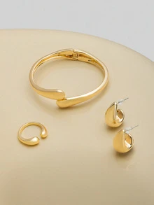 NobleVue 3pcs/Set Fashion Minimalist Metal Teardrop Geometric Smooth Surface Bracelet, Ring & Stud Earrings Jewelry Set - Glossy Water Drop 3-piece Set - View 1