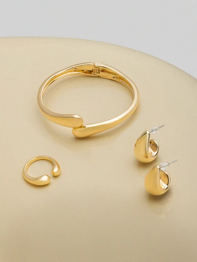 NobleVue 3 adet/takım Moda Minimalist Metal Damla Geometrik Pürüzsüz Yüzey Bilezik, Yüzük ve Küpe Takı Seti