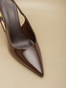 NobleVue 2025秋冬季女士高跟尖头时尚装饰漆皮后带高跟鞋，优雅尖头鞋跟 - 巧克力棕 - 查看 2