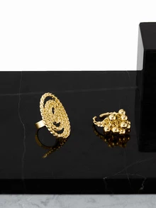 CHICVUE 3pcs Exaggerated Metal Large Floral & Bead Spiral Ring Set, Fashion Patterned Rings - Gold - View 3