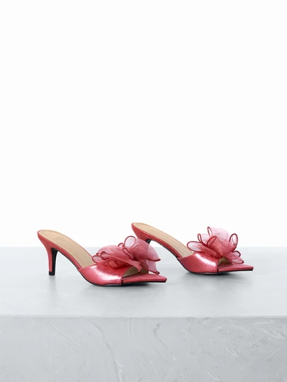 CHICVUE Pink Bow Tie High Heel Sandals, Open Toe Female Dress Shoes, Red High Heels, Narrow Stiletto Slide Sandals, Red Celebratory Bow Tie Wedding Shoes