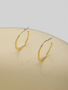 NobleVue 1pair Simple Fashionable Ear Stud & Earring For Women, Punk Geometric Asymmetrical Design - Yellow Gold - View 3
