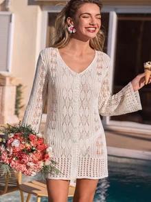 Women's Lightweight Semi-Sheer Knit Cardigan, Long Sleeve V-Neck, Flared Hem, Button Front, Ruffle Cuff Design, Suitable For Daily Wear And Beach Vacation, Spring/Summer - Apricot - View 4