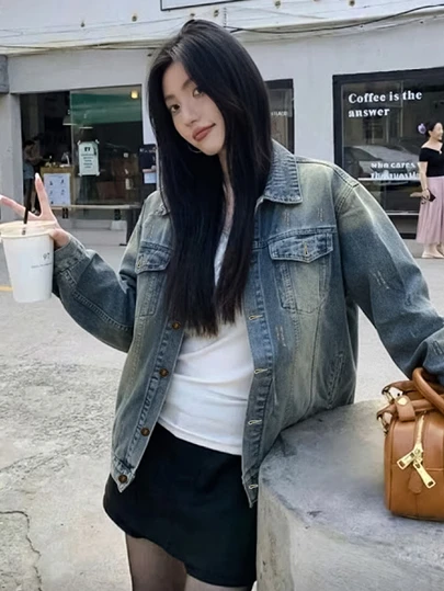 女士复古牛仔夹克，宽松版型，单排扣，带口袋