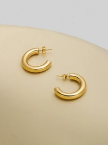 NobleVue Fashionable 18k Stainless Steel Hollow C-Shaped Hoop Earrings Suitable For Women's Daily Wear - Gold - View 1