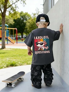 男童休闲印花圆领短袖T恤，夏季上衣 - 深灰色 - 查看 1