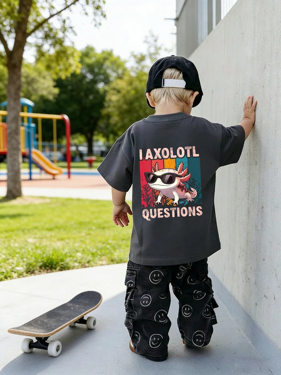 男童休闲印花圆领短袖T恤，夏季上衣 - 深灰色 - 查看 1