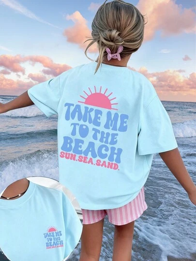 1pc Girls Printed Pullover Light Blue Short Sleeve T-Shirt, Comfortable & Fashionable Student/Young Summer Top, Girls Favorite
