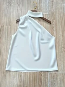 1件女士夏季纯色缎面不对称/不对称荷叶边优雅时尚无袖衬衫，适合夏季、办公室、居家、日常、生日派对、正式场合等休闲场合，白色 - 白色 - 查看 2