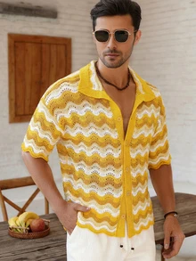 Men's Lightweight Breathable Fashionable Casual Beach Holiday Hollow Striped Polo Collar Single-Breasted Knit Sweater, Suitable For Summer Daily And Holiday Wear - Yellow - View 1