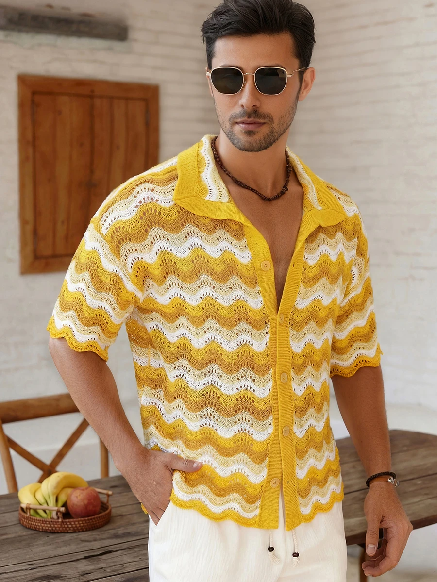 Men's Lightweight Breathable Fashionable Casual Beach Holiday Hollow Striped Polo Collar Single-Breasted Knit Sweater, Suitable For Summer Daily And Holiday Wear - Yellow - View 1