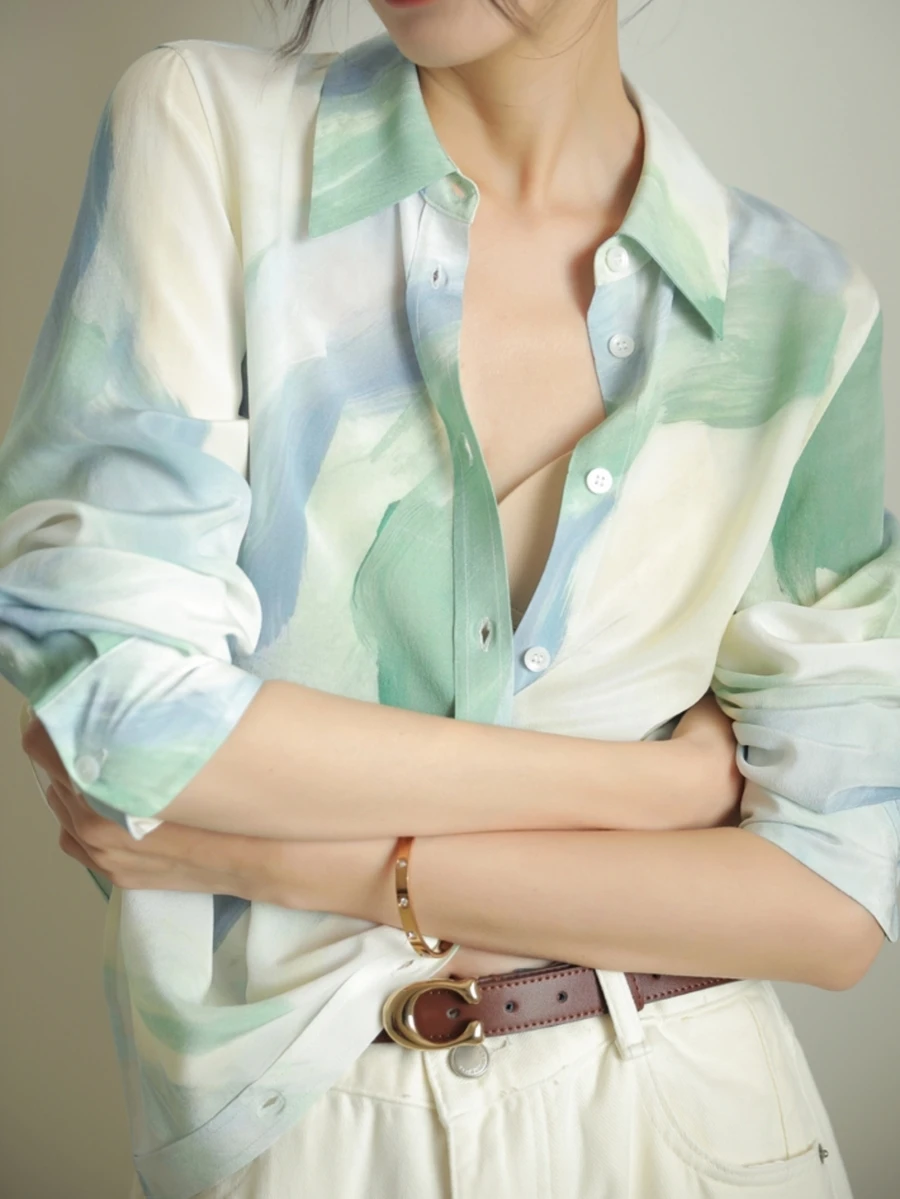 YUXIN Áo sơ mi nữ cổ bẻ bằng vải satin in họa tiết màu nước hồng nhạt - Kiểu dáng rộng rãi, tay dài, nhẹ, phù hợp cho mặc thường ngày, công sở, đi làm và hẹn hò, thoáng khí, phong cách mùa xuân/hè.