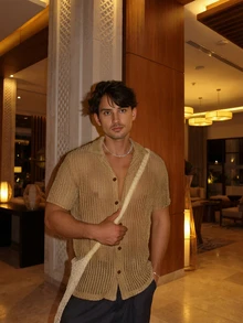 Áo khoác cardigan nam mỏng nhẹ, cổ polo, cài nút, thích hợp cho mùa hè, đi biển và mặc hàng ngày. - gừng - Xem 2