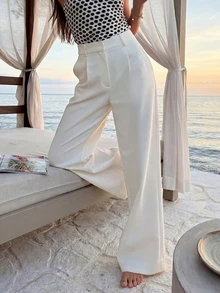 Plameo 女士高腰直筒白色长裤，显瘦，通勤，休闲，日常，外出，度假，复古，时尚 - 白色 - 查看 2