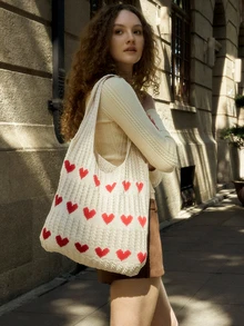 Hatastic 1pc Heart Pattern Color Blocking Crochet Handbag Shoulder Bag Large Capacity Fashion Beach Bag Versatile Commute Bag Large Capacity Knitted Hobo Bag Cute Heart Pattern Tote Bag Women Casual Crochet Handbag Shoulder Purse, Perfect Valentine's Day Gift For Her, Best Valentine's Gift Choice Ever Valentines, Fashionable Heart Purse, Perfectly Match With Valentine Day Dress - Beige - View 4