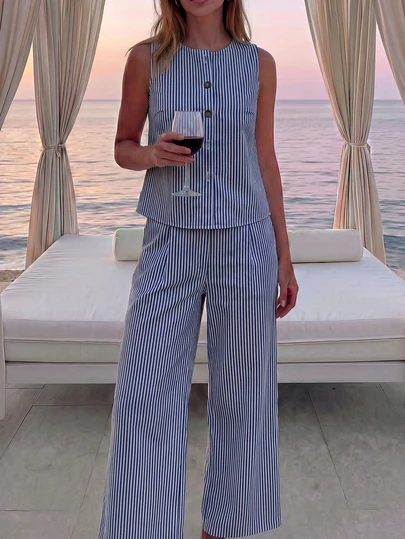 Plameo Women's Elegant Casual Blue & White Striped Round Neck Sleeveless Button Top + Wide Leg Pants 2-Piece Set, Suitable For Commuting & Daily Wear