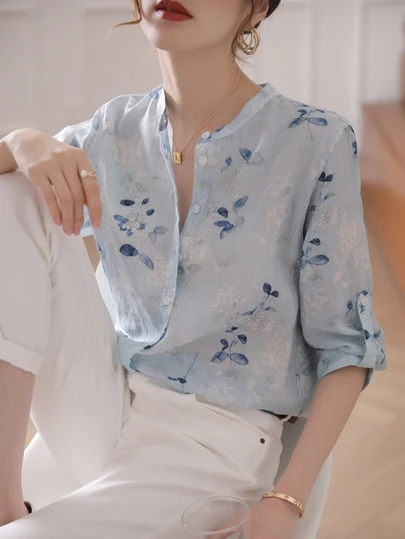 YUXIN Women's Soft Misty Blue Watercolor Floral Print Stand Collar 3/4 Sleeve Top | Breathable Blended Rolled Cuff Slim Fit Office/Vacation Top, Spring/Summer