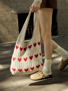 Hatastic 1pc Heart Pattern Color Blocking Crochet Handbag Shoulder Bag Large Capacity Fashion Beach Bag Versatile Commute Bag Large Capacity Knitted Hobo Bag Cute Heart Pattern Tote Bag Women Casual Crochet Handbag Shoulder Purse, Perfect Valentine's Day Gift For Her, Best Valentine's Gift Choice Ever Valentines, Fashionable Heart Purse, Perfectly Match With Valentine Day Dress - Beige - View 5