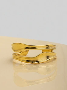 NobleVue 1pc Fashionable Niche Design Delicate Minimalist Asymmetrical Textured Stainless Steel Adjustable Bangle - Yellow Gold - View 2