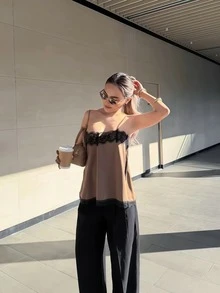 Áo hai dây thời trang mùa hè thanh lịch dành cho nữ, áo sơ mi kaki với viền ren đen tương phản, xẻ tà bên hông bằng satin thời trang, gợi cảm và đa năng, phù hợp cho mặc hàng ngày và đi nghỉ mát. - Màu Khaki - Xem 3