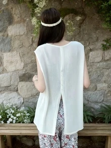 Women's Backless Hollow Out Knit Vest, Loose Fit Sleeveless Top, Summer New Arrival, Lightweight - White - View 1